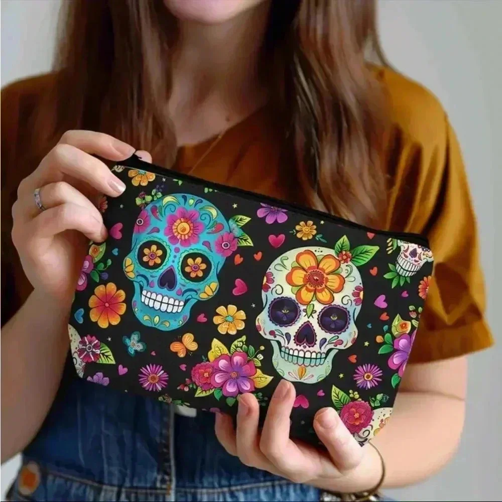 Skull Print Polyester Cosmetic Bag